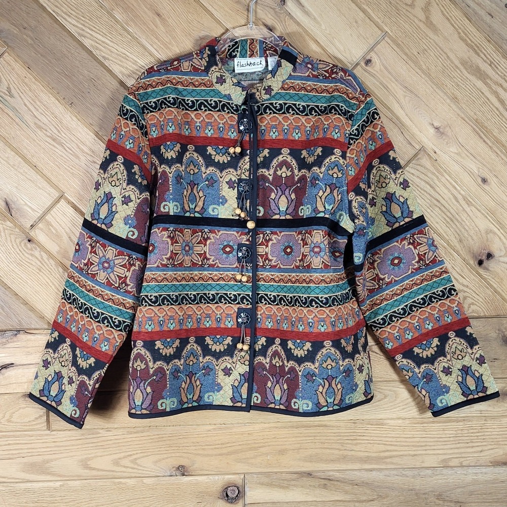Flashback Tapestry Jacket Women 1X Art to Wear Bohemian Floral Woven Toggle